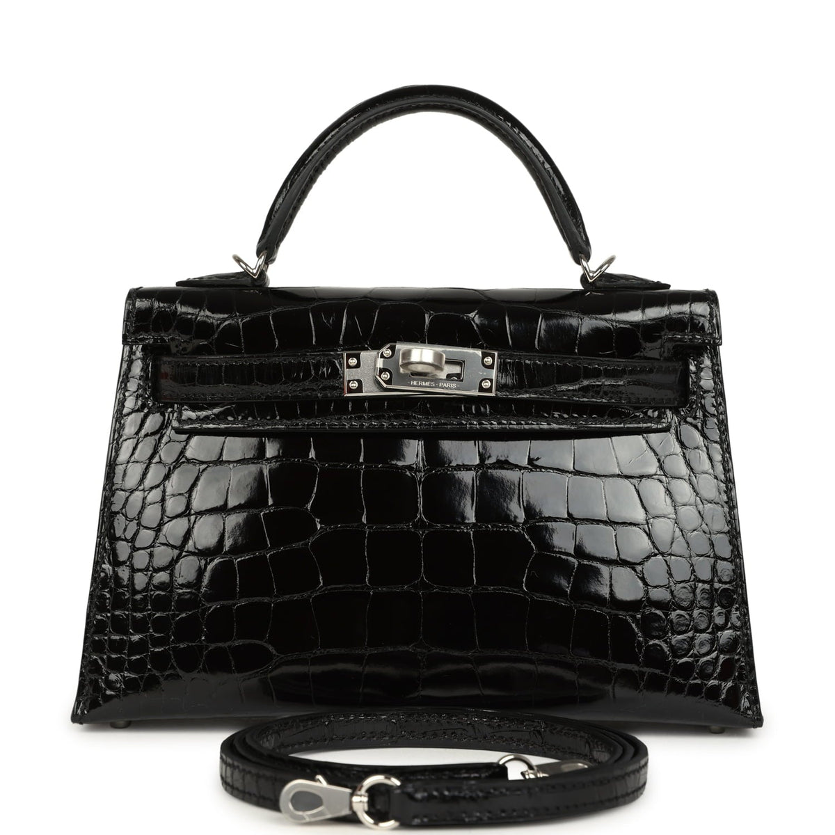 Hermes Kelly Sellier 20 Black Shiny Alligator Palladium Hardware