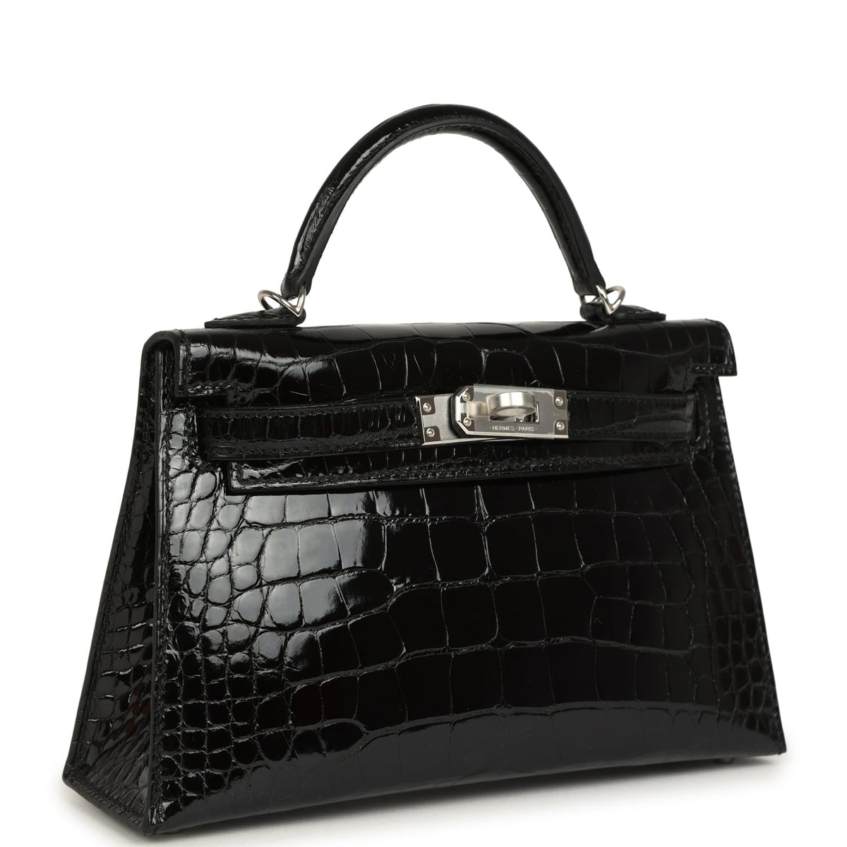 Hermes Kelly Sellier 20 Black Shiny Alligator Palladium Hardware