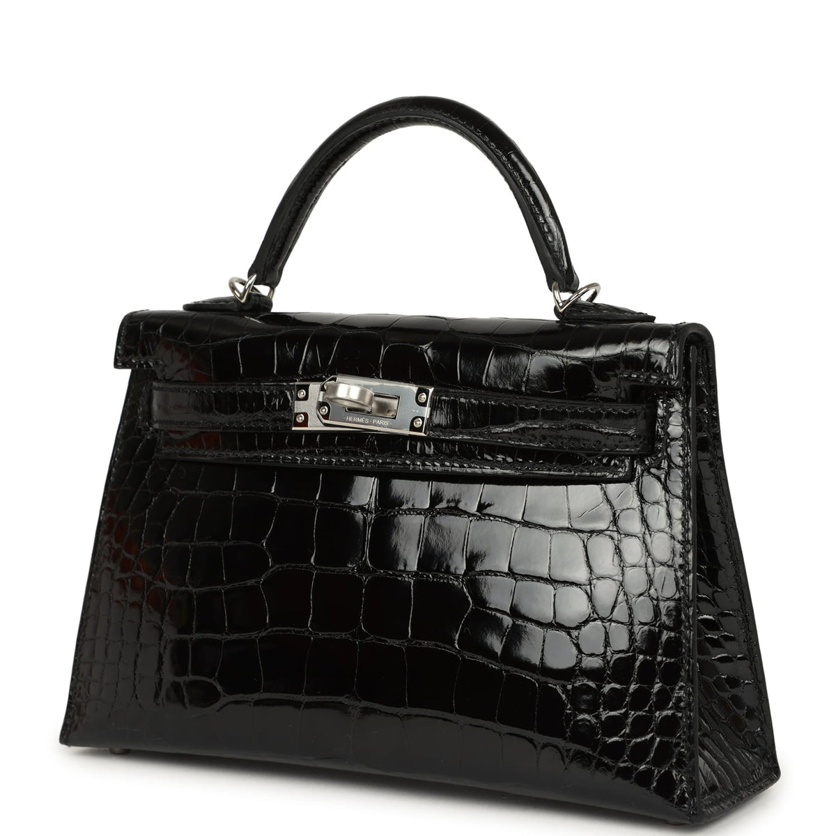 Hermes Kelly Sellier 20 Black Shiny Alligator Palladium Hardware