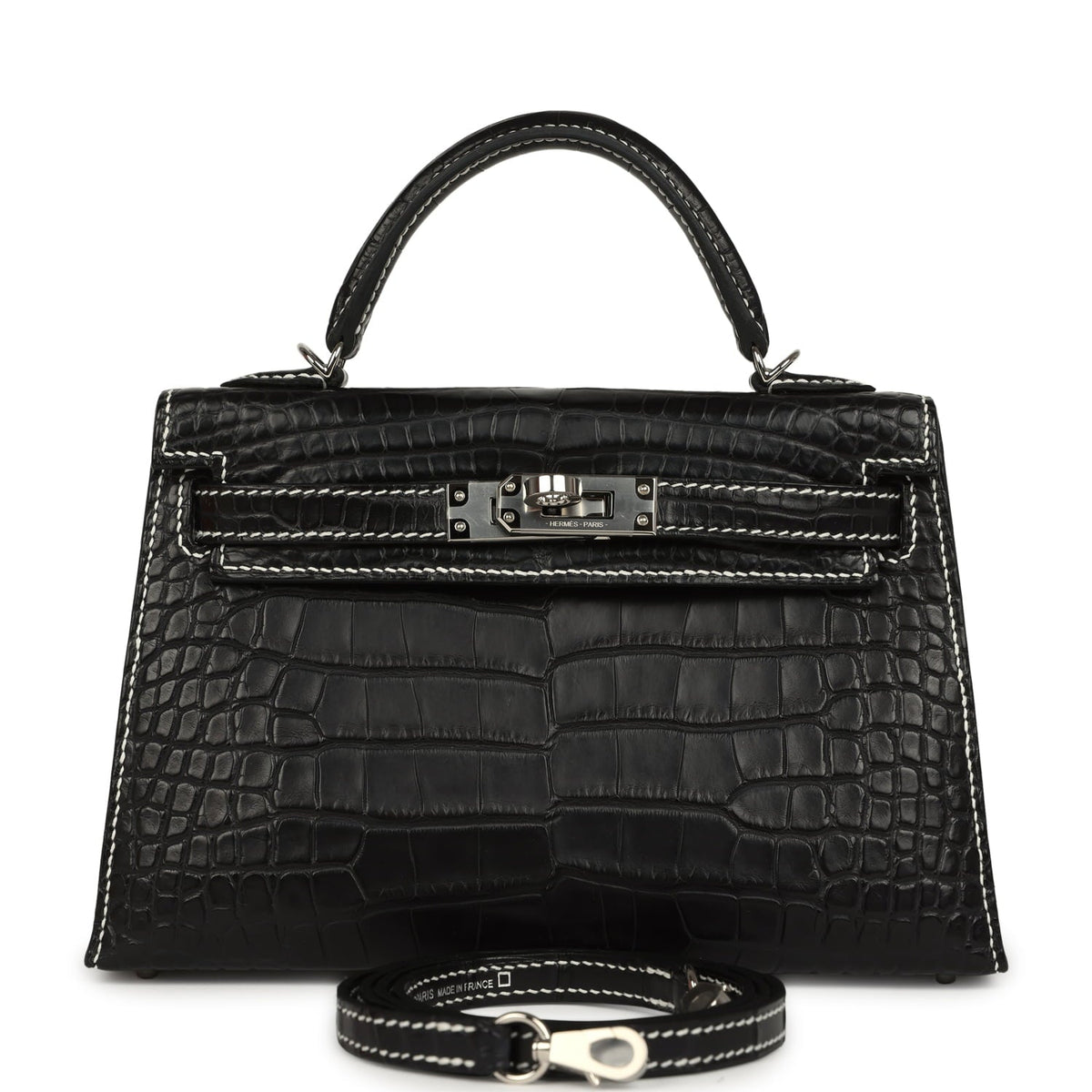 Hermes Special Order (HSS) Kelly Sellier 20 Black Matte Alligator Palladium Hardware