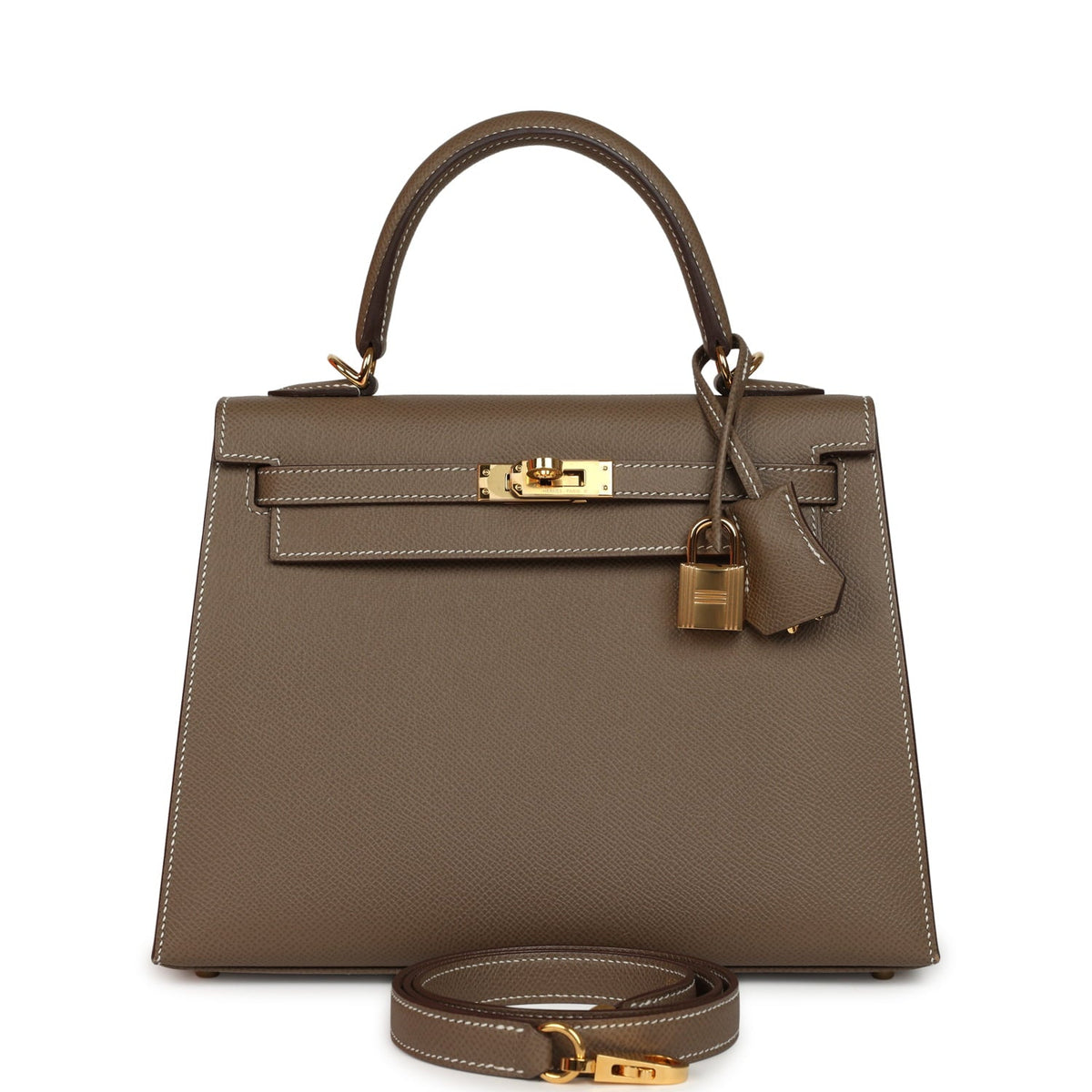 Pre-owned Hermes Kelly Sellier 25 Etoupe Epsom Gold Hardware