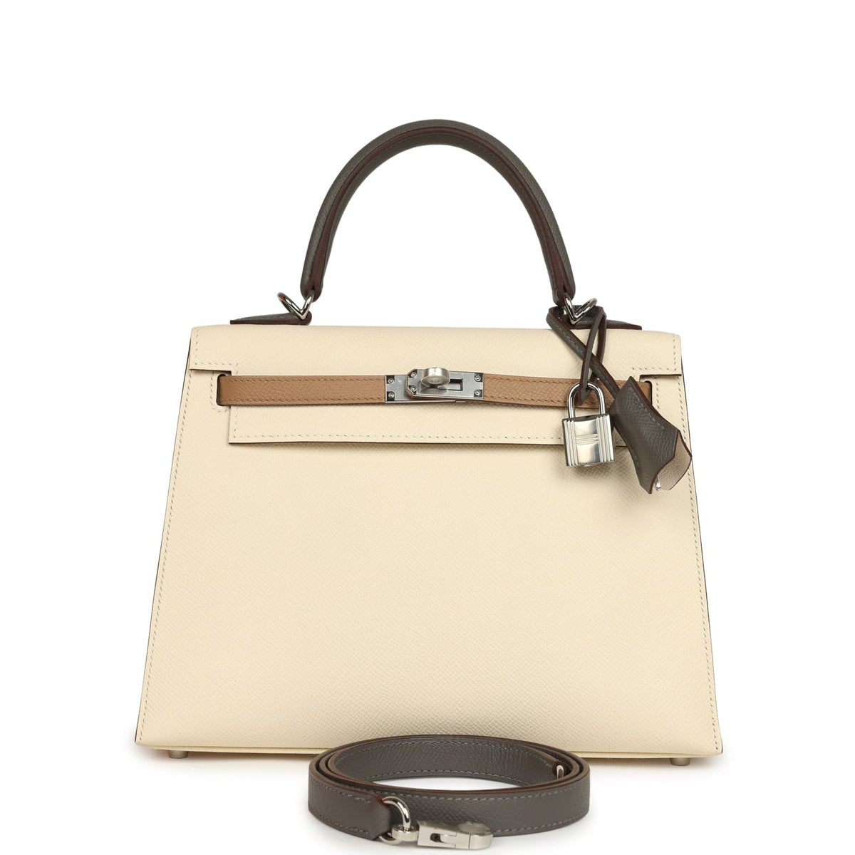 Hermes Kelly Sellier 25 Tri-Color Nata, Chai, Gris Meyer Epsom Palladium Hardware