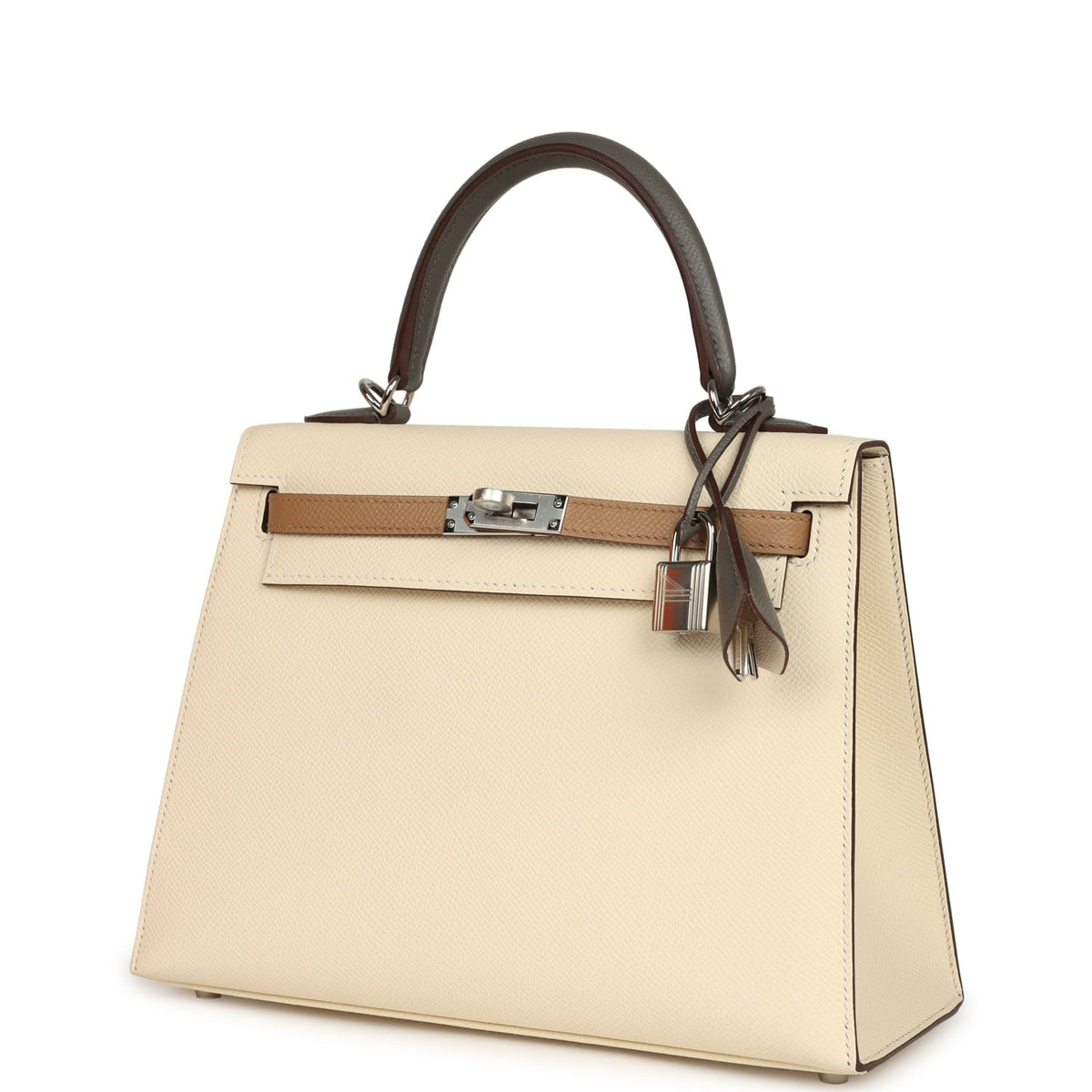 Hermes Kelly Sellier 25 Tri-Color Nata, Chai, Gris Meyer Epsom Palladium Hardware