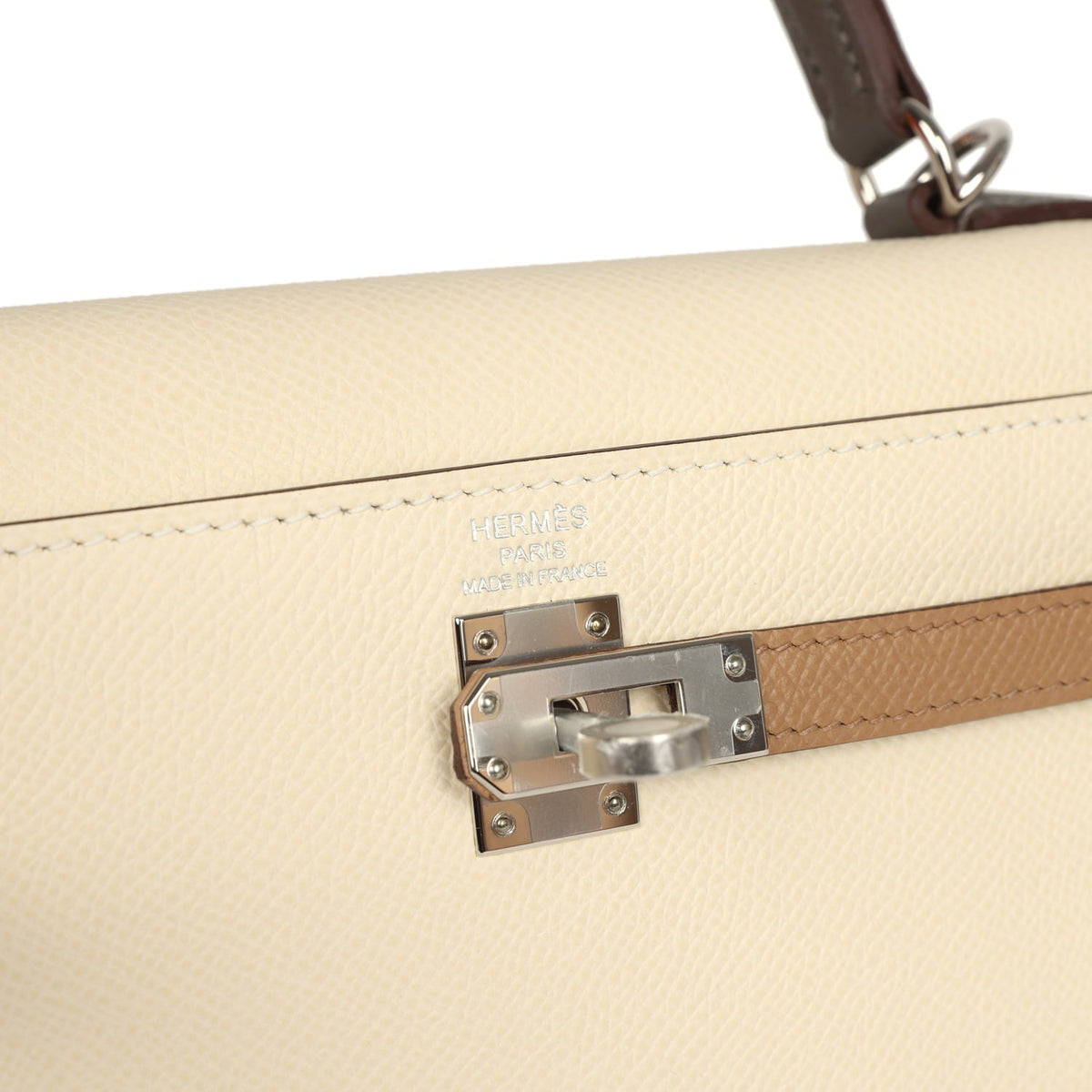 Hermes Kelly Sellier 25 Tri-Color Nata, Chai, Gris Meyer Epsom Palladium Hardware