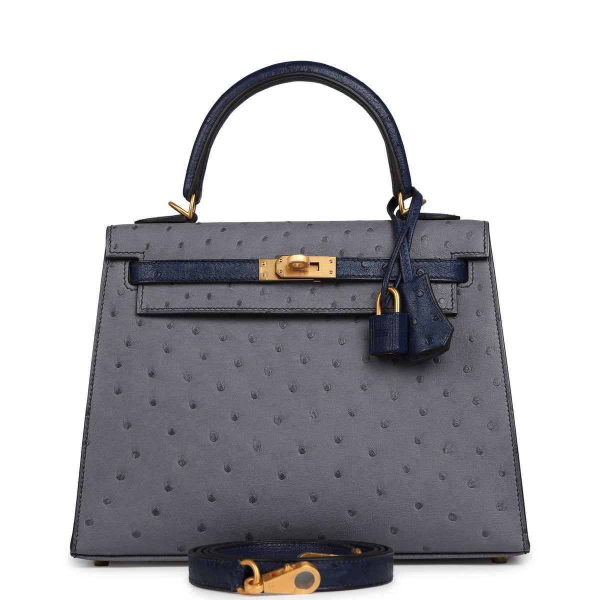 Hermes Special Order (HSS) Kelly Sellier 25 Gris Agate, Bleu Iris Ostrich Brushed Gold Hardware