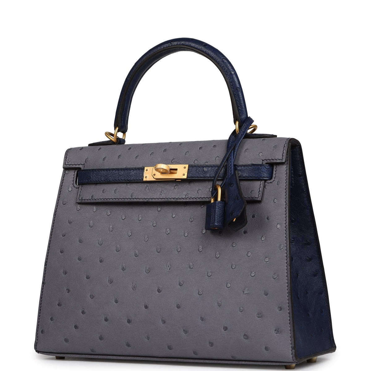 Hermes Special Order (HSS) Kelly Sellier 25 Gris Agate, Bleu Iris Ostrich Brushed Gold Hardware