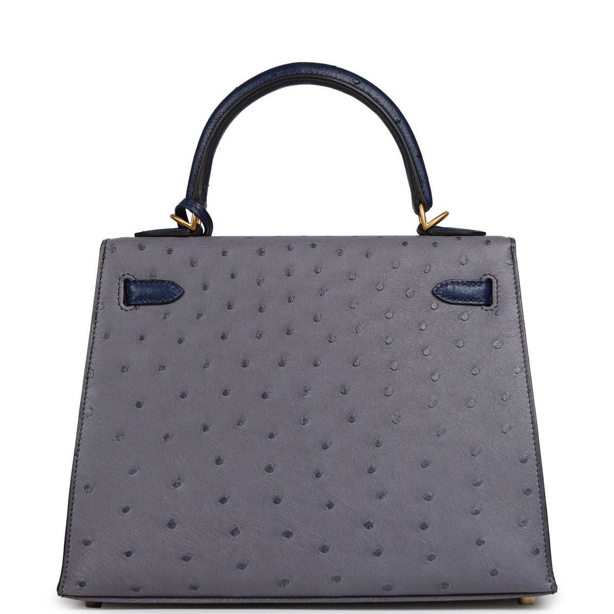 Hermes Special Order (HSS) Kelly Sellier 25 Gris Agate, Bleu Iris Ostrich Brushed Gold Hardware