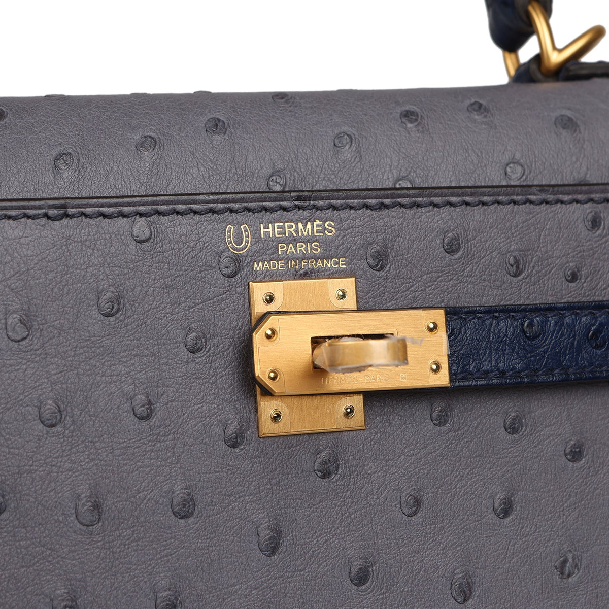 Hermes Special Order (HSS) Kelly Sellier 25 Gris Agate, Bleu Iris Ostrich Brushed Gold Hardware