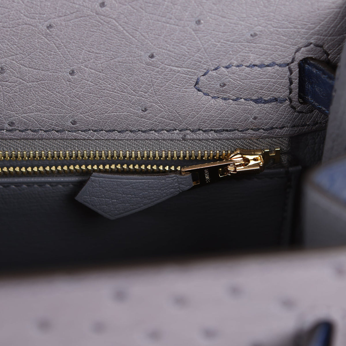 Hermes Special Order (HSS) Kelly Sellier 25 Gris Agate, Bleu Iris Ostrich Brushed Gold Hardware
