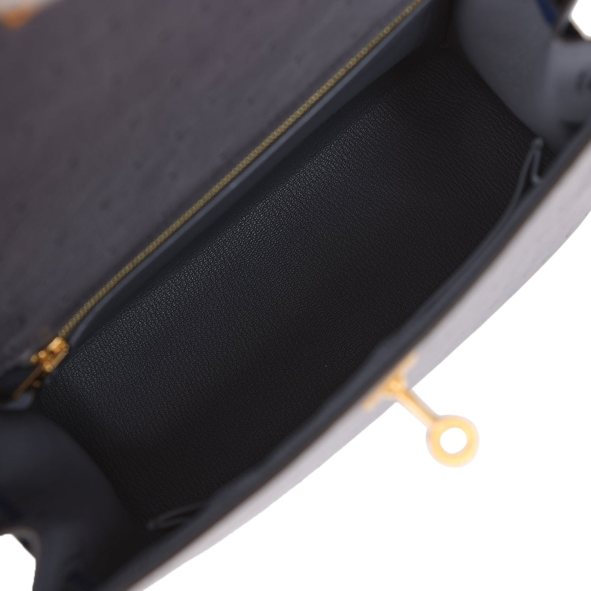 Hermes Special Order (HSS) Kelly Sellier 25 Gris Agate, Bleu Iris Ostrich Brushed Gold Hardware