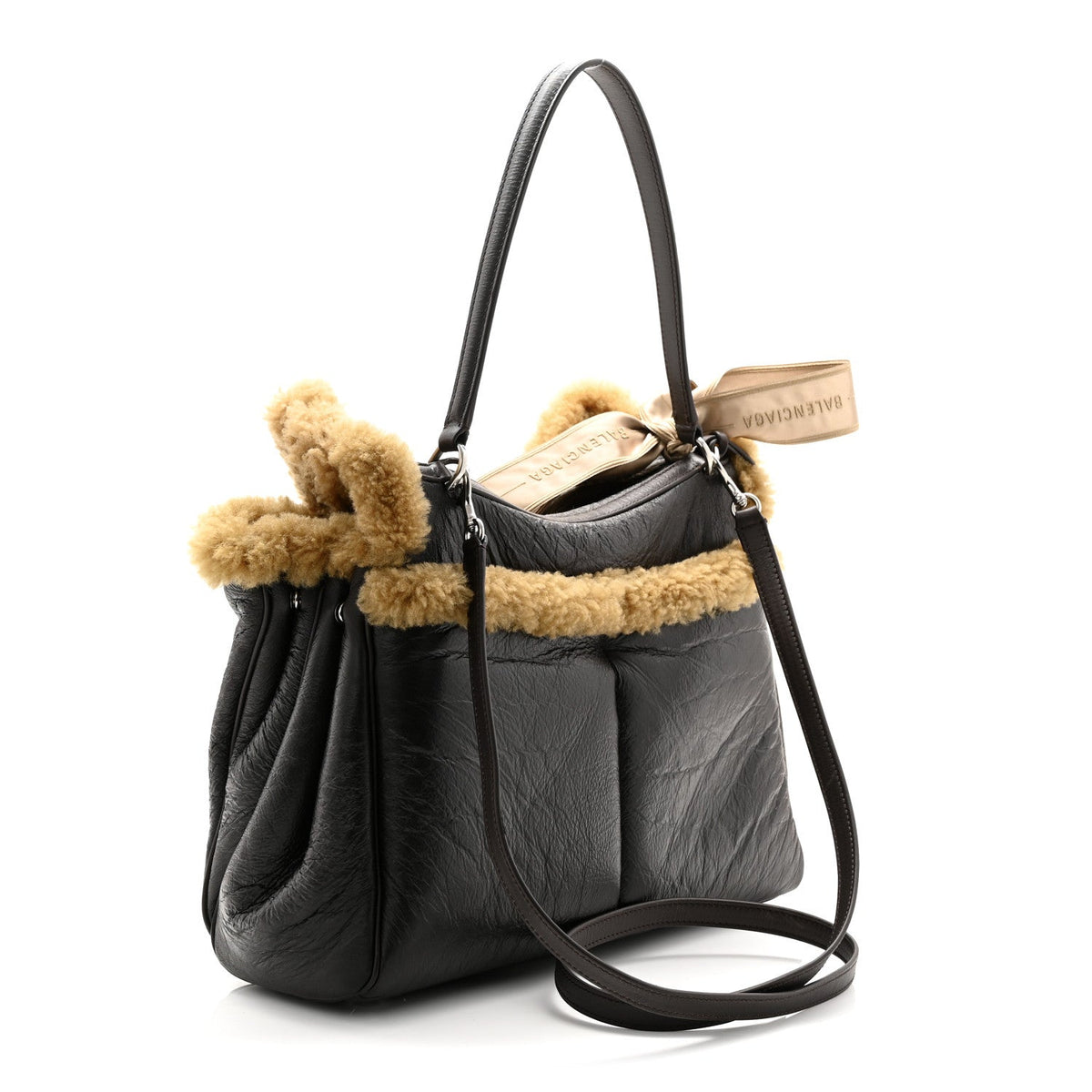 Crushed Calfskin Shearling Medium Rodeo Top Handle Handbag Brown Beige