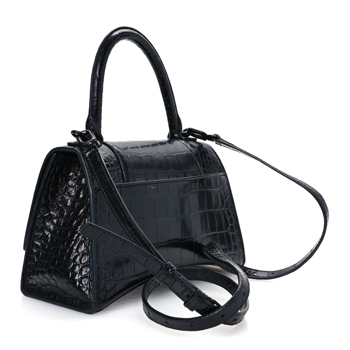 Shiny Calfskin Monochrome Crocodile Embossed Small Hourglass Top Handle Bag Black