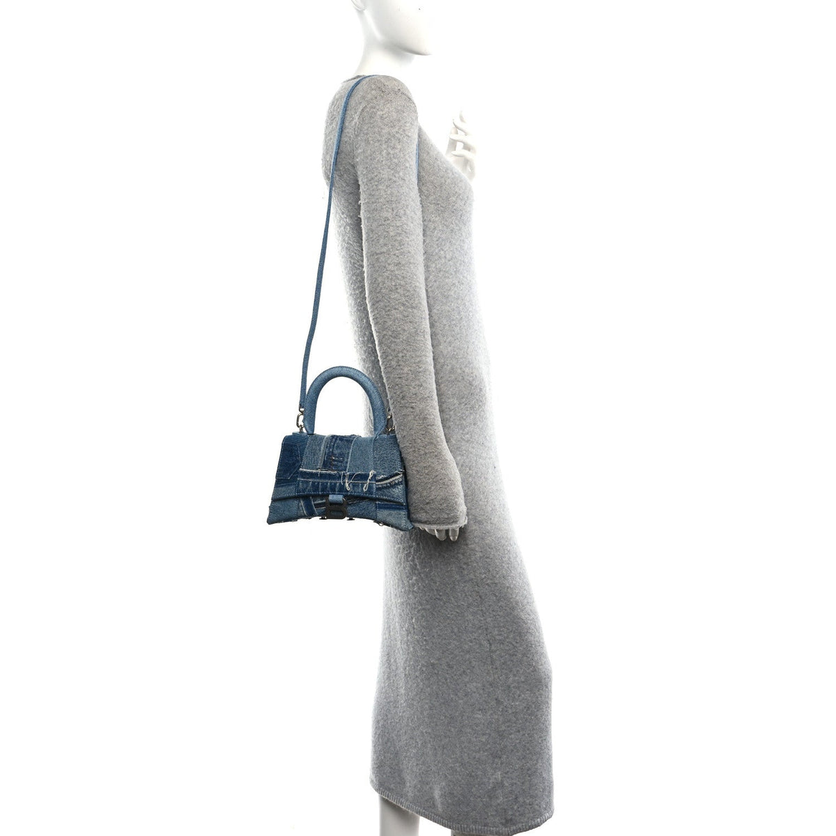 Denim Patchwork Small Hourglass Top Handle Bag Washed Blue