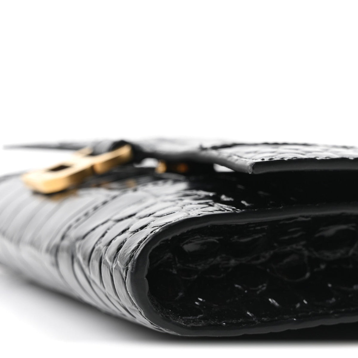 Shiny Calfskin Crocodile Embossed Hourglass Gusset Pouch Black