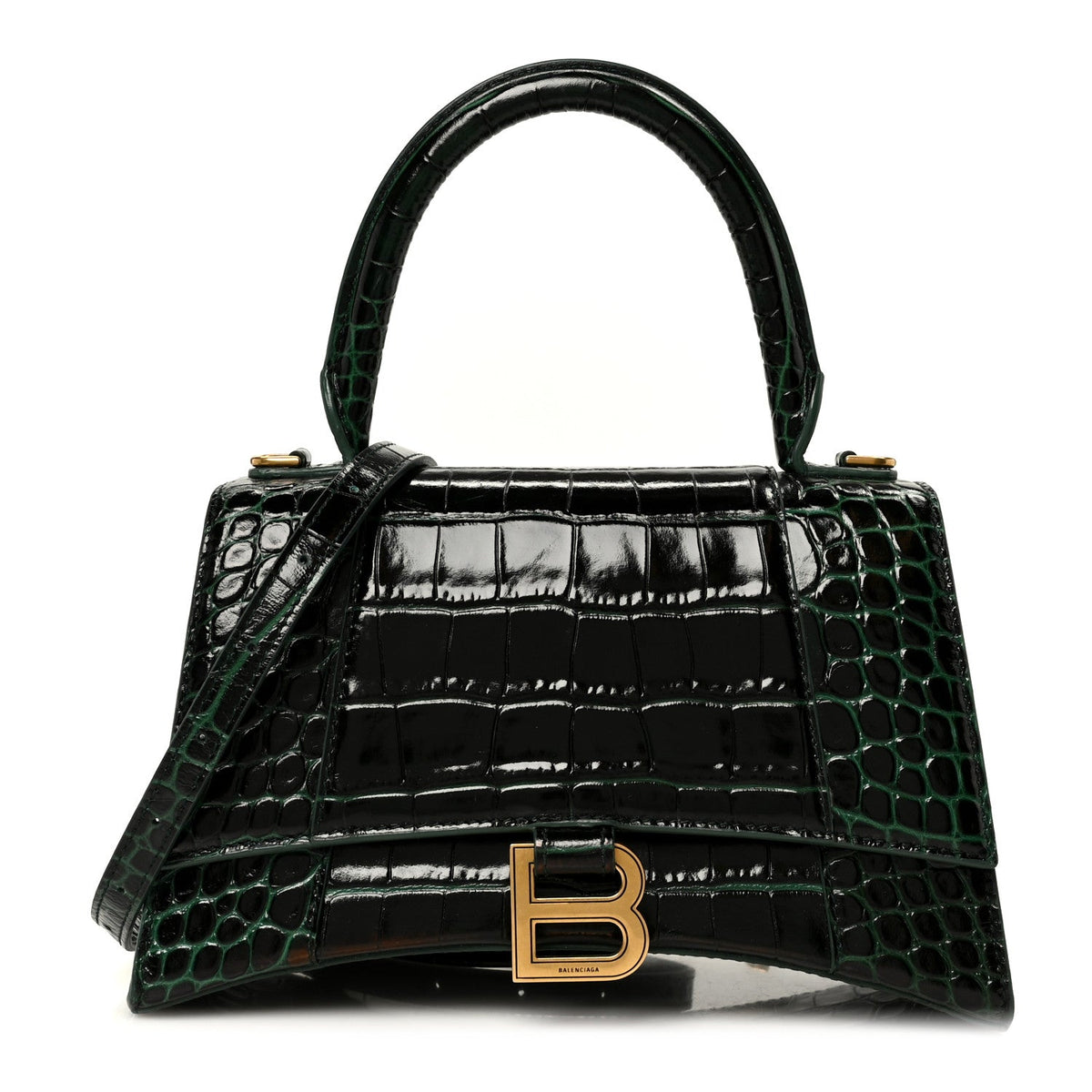 Shiny Calfskin Crocodile Embossed Small Hourglass Top Handle Bag Forest Green