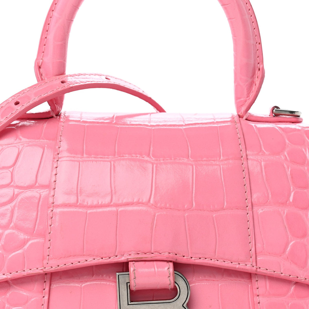Shiny Calfskin Crocodile Embossed Hourglass Top Handle Bag XS Sweet Pink