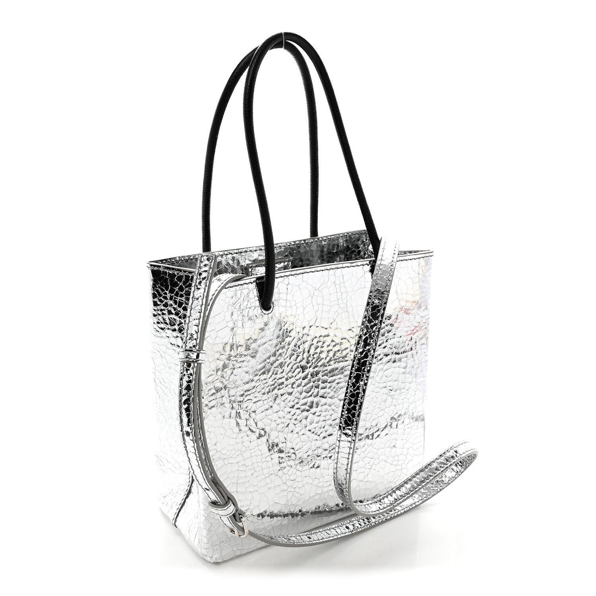 Crackled Mirror Calfskin Logo North South Shopper Tote XXS Silver