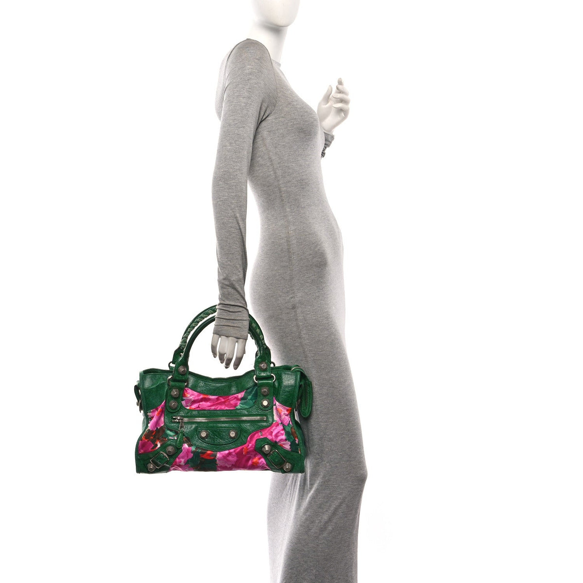 Chevre Satin Giant 21 Silver Hardware City Green Floral