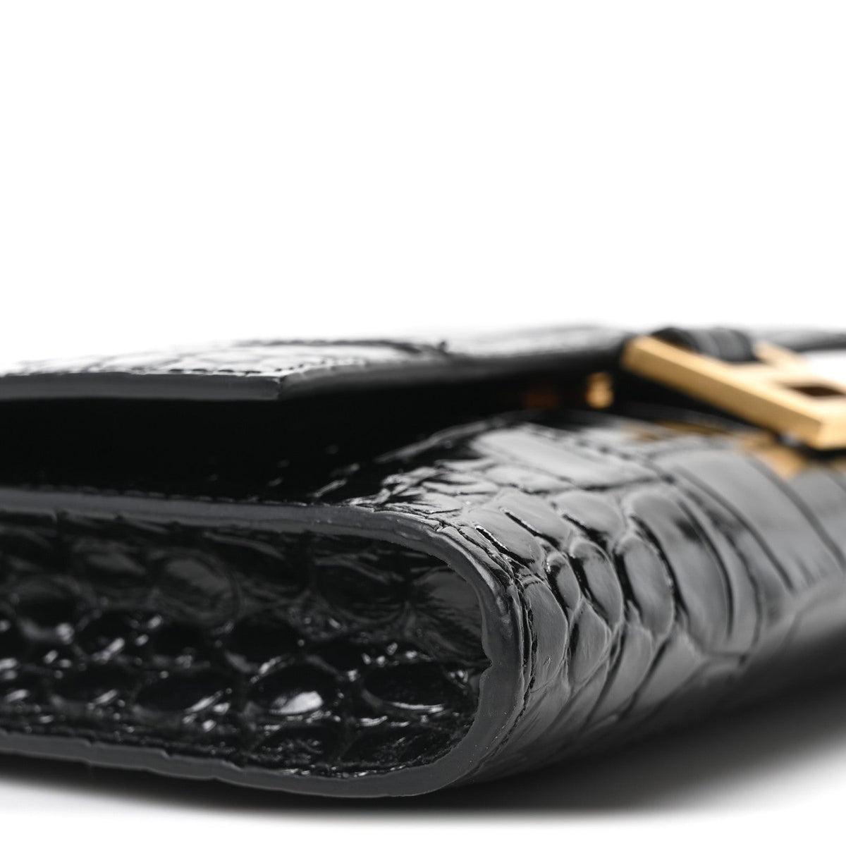 Shiny Calfskin Crocodile Embossed Hourglass Gusset Pouch Black