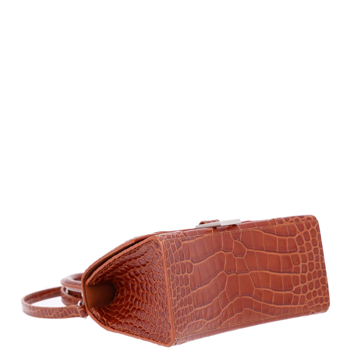 Shiny Calfskin Crocodile Embossed Small Hourglass Top Handle Bag Camel