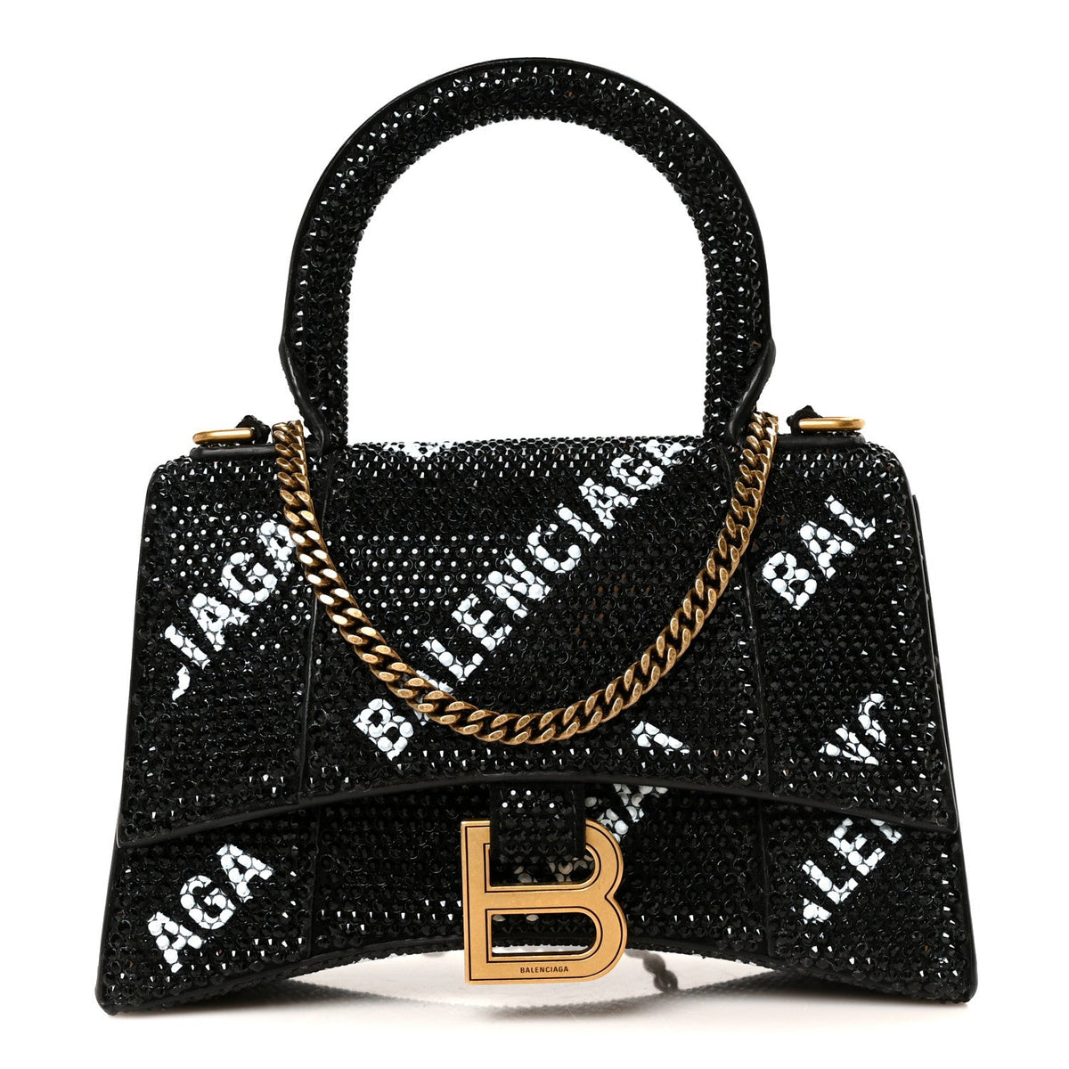 Strass Suede Allover Logo Hourglass Top Handle Bag XS with Chain Black White