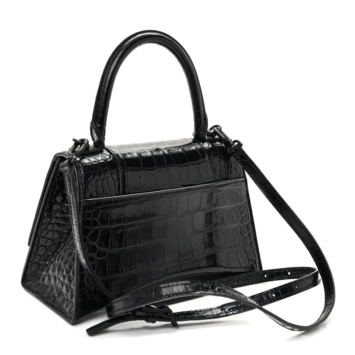 Shiny Calfskin Monochrome Crocodile Embossed Small Hourglass Top Handle Bag Black