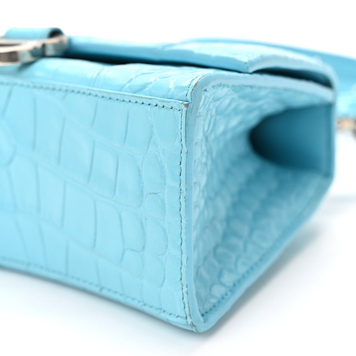 Shiny Calfskin Crocodile Embossed Hourglass Top Handle Bag XS Azur