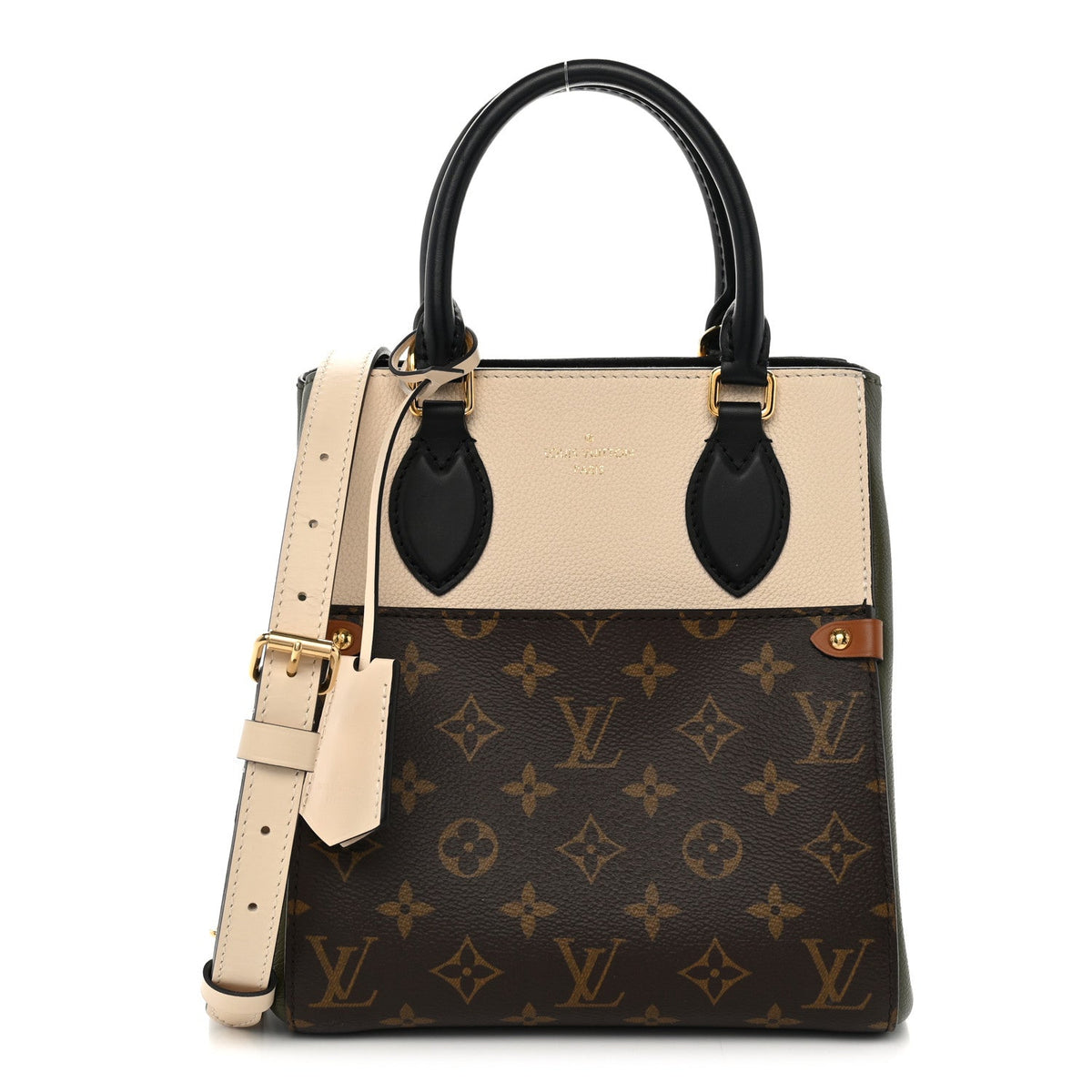Calfskin Monogram Fold Tote PM Cream Khaki Black
