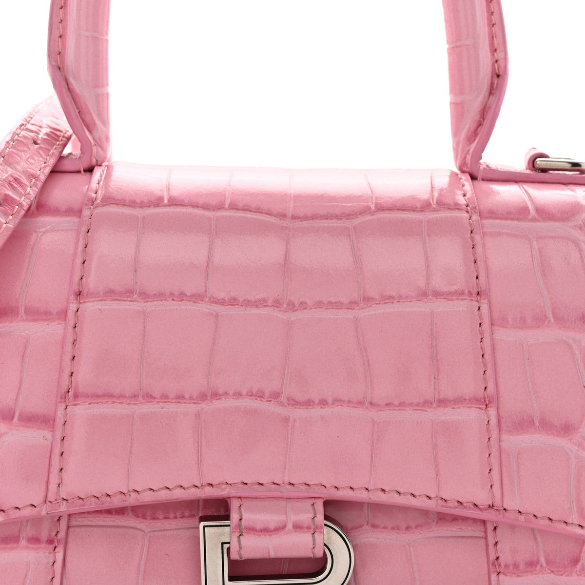 Shiny Calfskin Crocodile Embossed Hourglass Top Handle Bag XS Sweet Pink