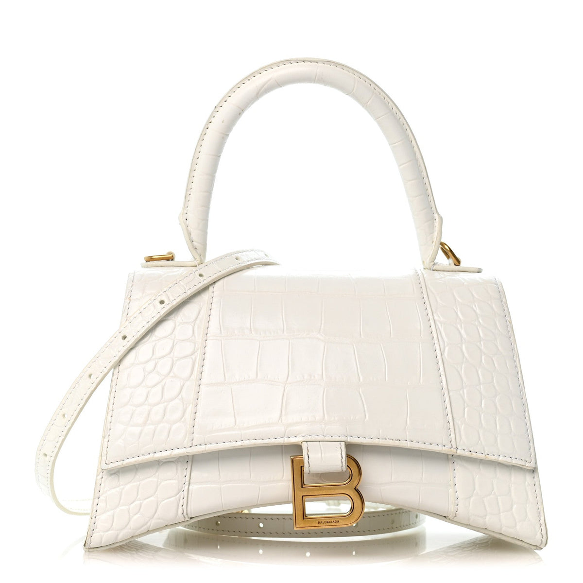 Calfskin Crocodile Embossed Small Hourglass Top Handle Bag White
