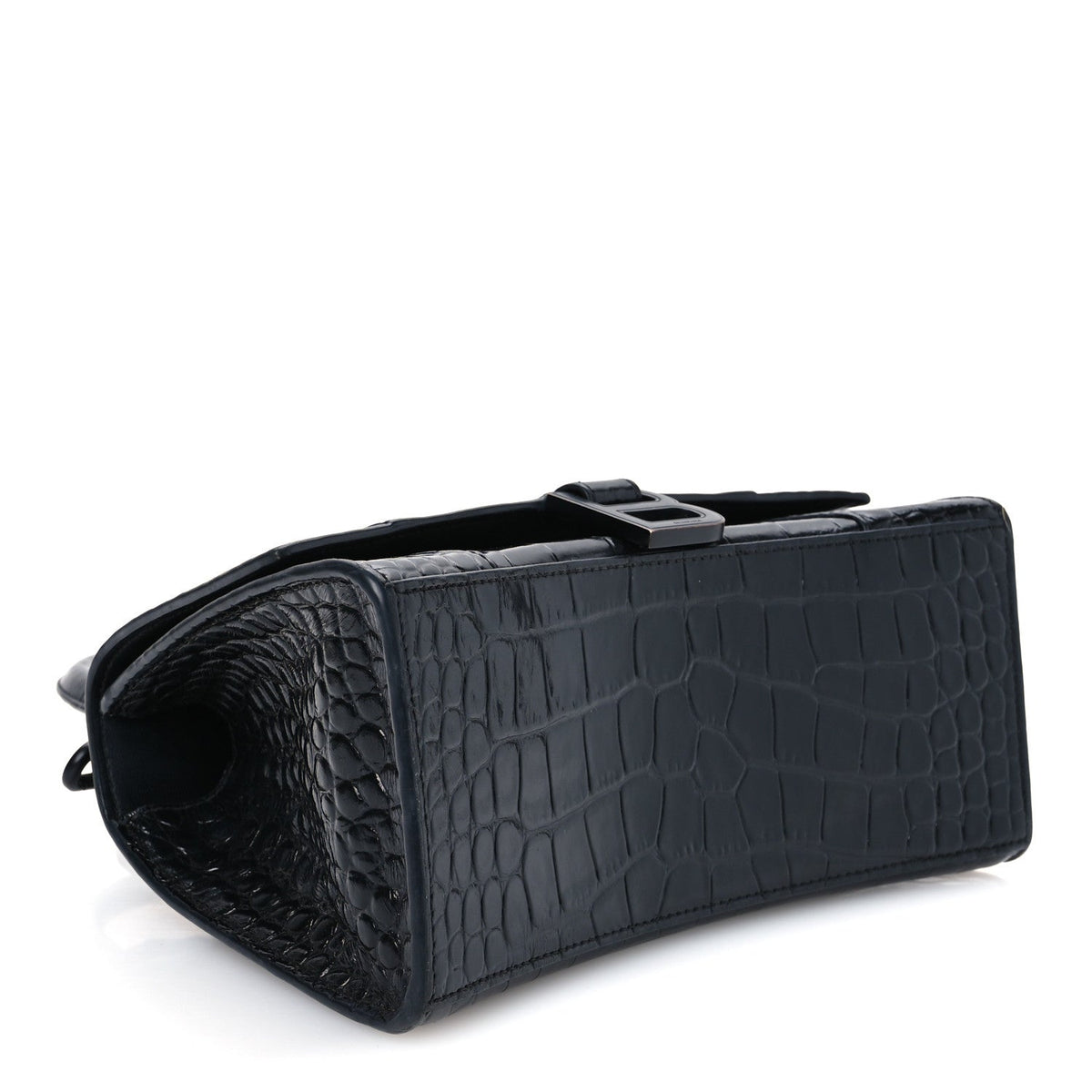 Shiny Calfskin Monochrome Crocodile Embossed Small Hourglass Top Handle Bag Black