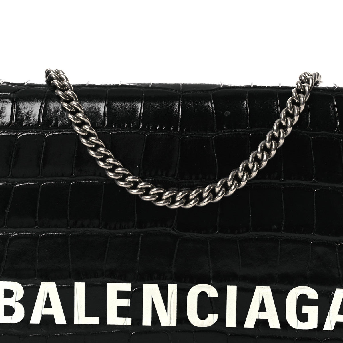 Shiny Calfskin Logo Crocodile Embossed Ville Wallet on Chain Black