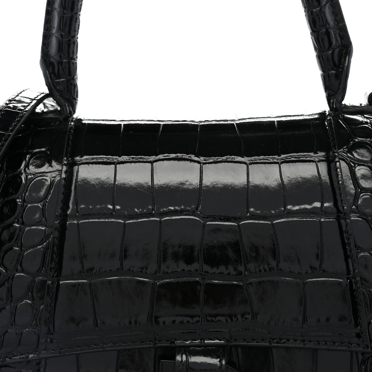 Shiny Calfskin Monochrome Crocodile Embossed Small Hourglass Top Handle Bag Black