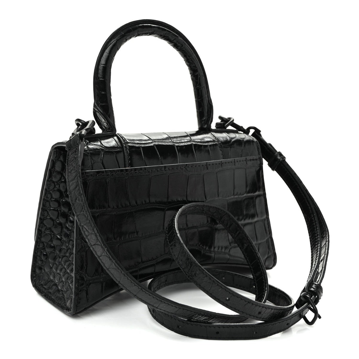 Shiny Calfskin Monochrome Crocodile Embossed Hourglass Top Handle Bag XS Black