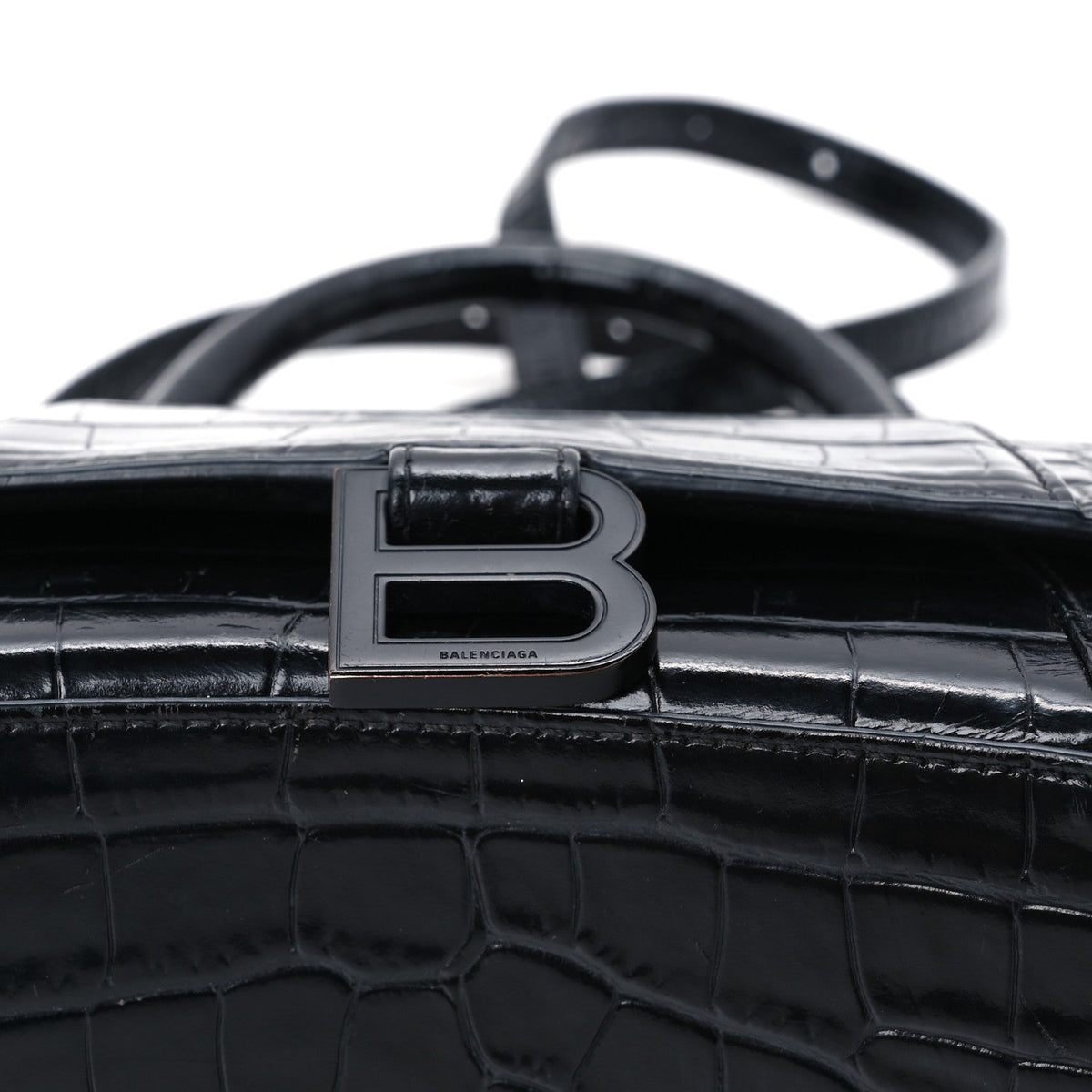 Shiny Calfskin Monochrome Crocodile Embossed Small Hourglass Top Handle Bag Black