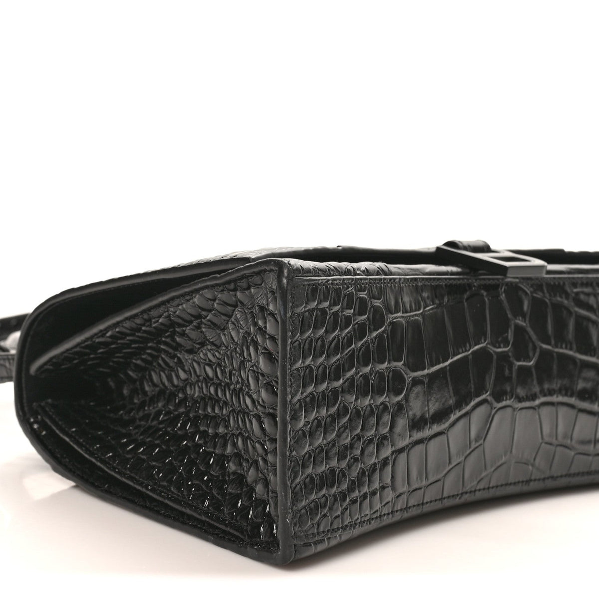 Shiny Calfskin Monochrome Crocodile Embossed Medium Hourglass Top Handle Bag Black