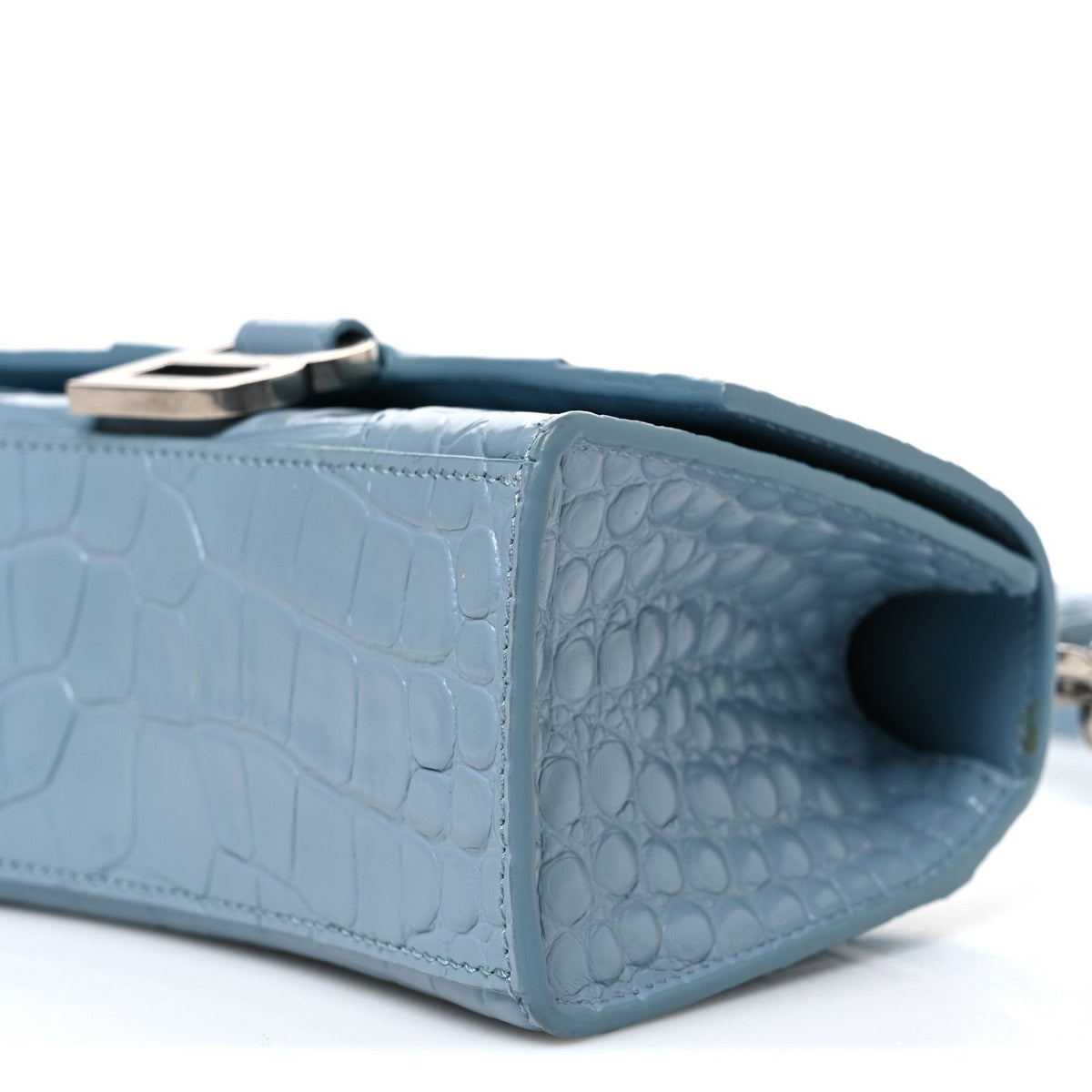 Shiny Calfskin Crocodile Embossed Hourglass Top Handle Bag XS Blue Grey