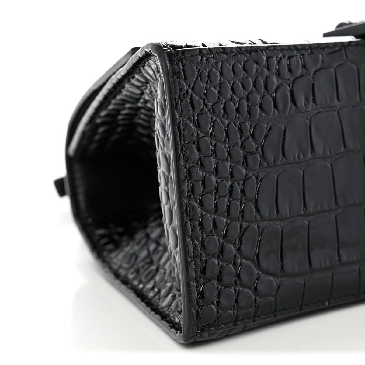 Shiny Calfskin Monochrome Crocodile Embossed Small Hourglass Top Handle Bag Black