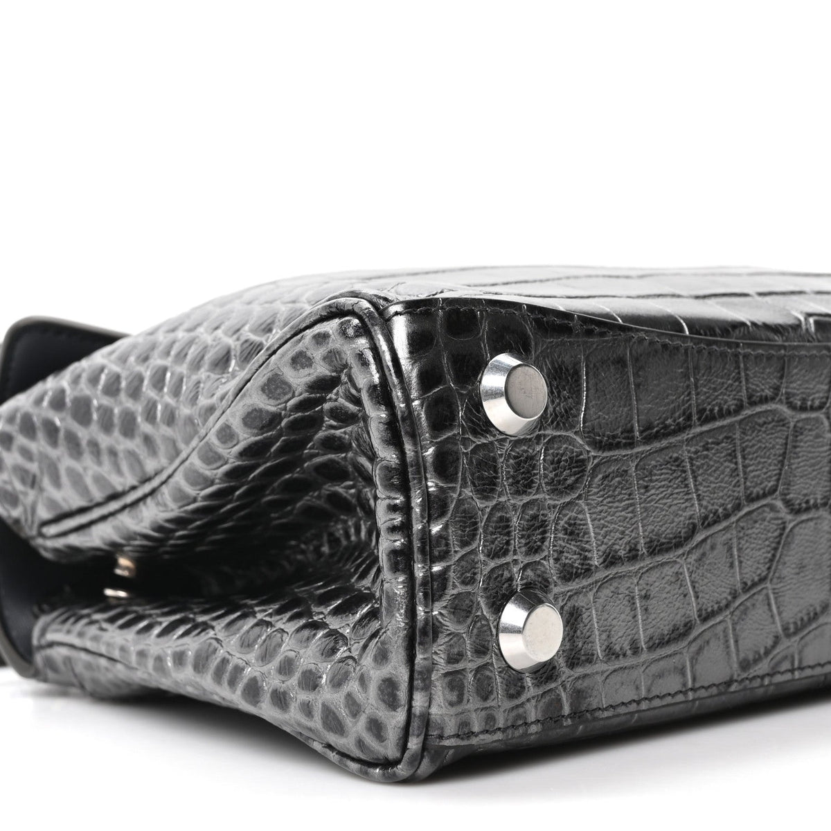 Metallized Calfskin Crocodile Embossed Mini Rodeo Top Handle Handbag Gunmetal