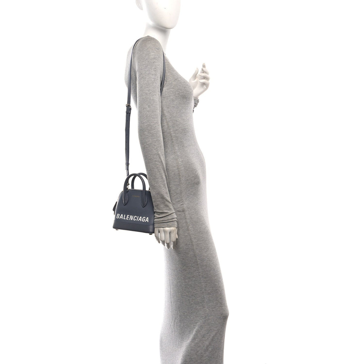 Signature Grained Calfskin Logo XXS Ville Top Handle Bag Gris Perle Fonce White