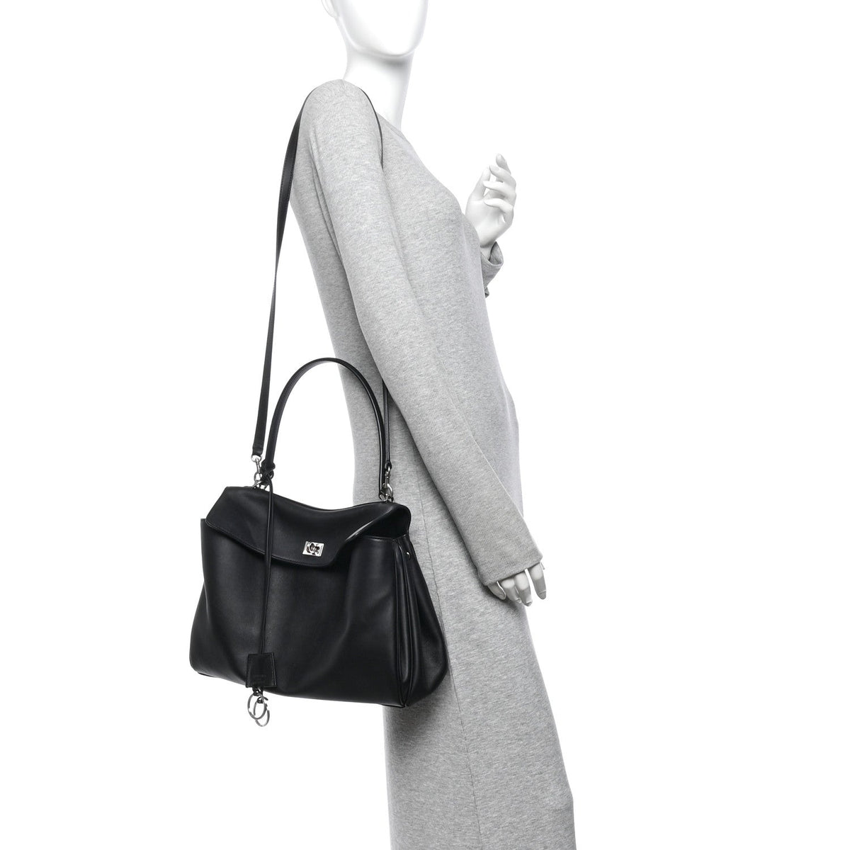Natural Smooth Calfskin Medium Rodeo Top Handle Handbag Black