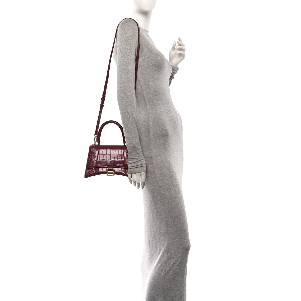 Shiny Calfskin Crocodile Embossed Small Hourglass Top Handle Bag Dark Red