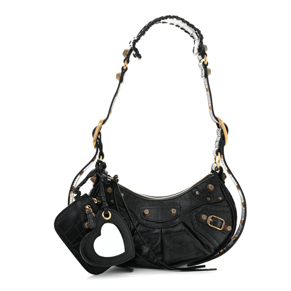 Extra Supple Calfskin Crocodile Embossed Le Cagole Shoulder Bag XS Black