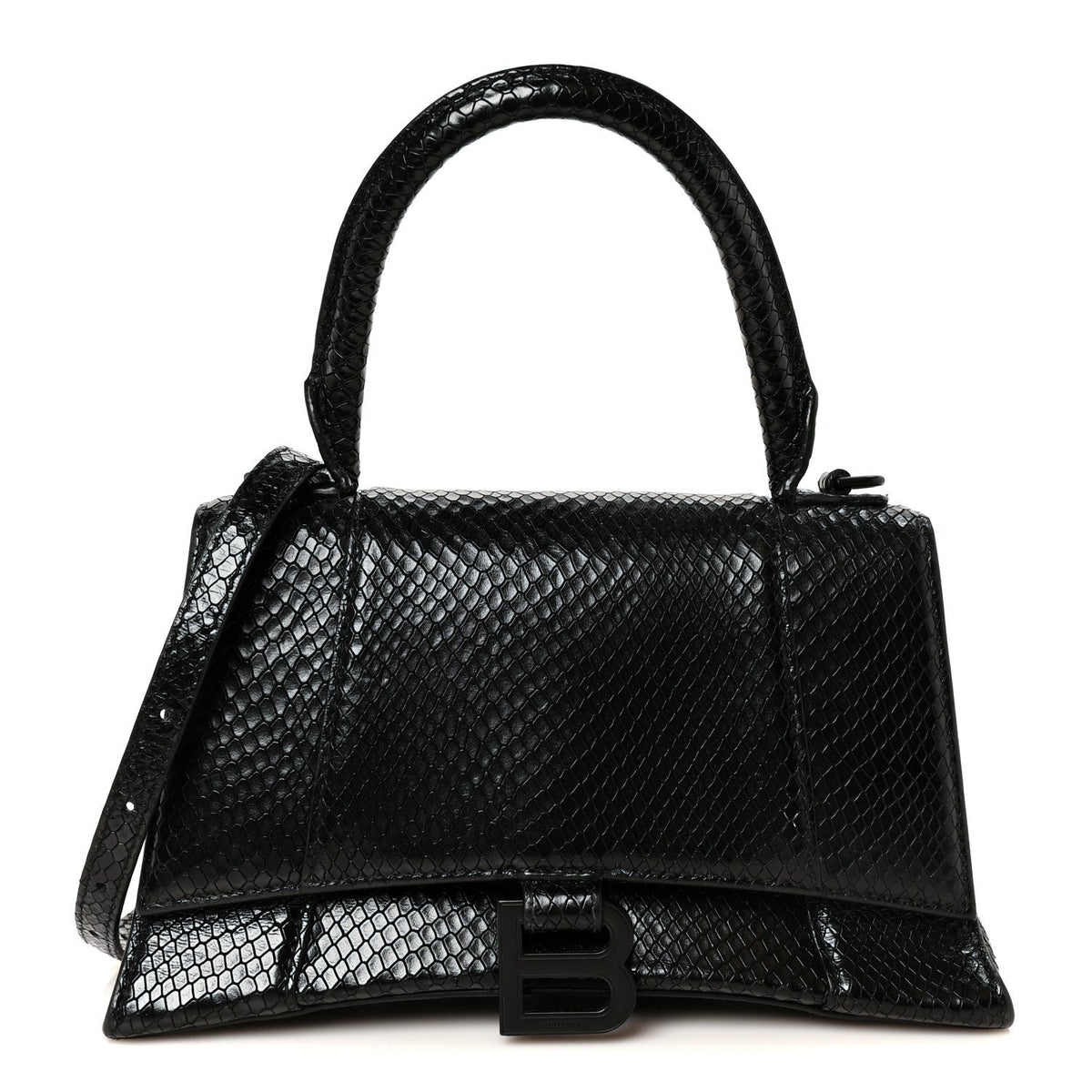 Matte Calfskin Snake Embossed Tonal B Small Hourglass Top Handle Bag Black