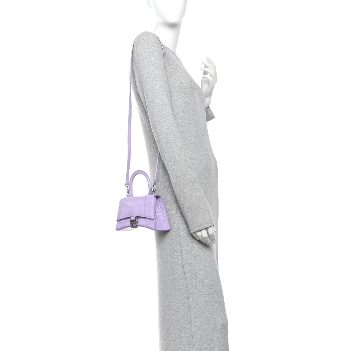 Shiny Calfskin Crocodile Embossed Hourglass Top Handle Bag XS Lilac