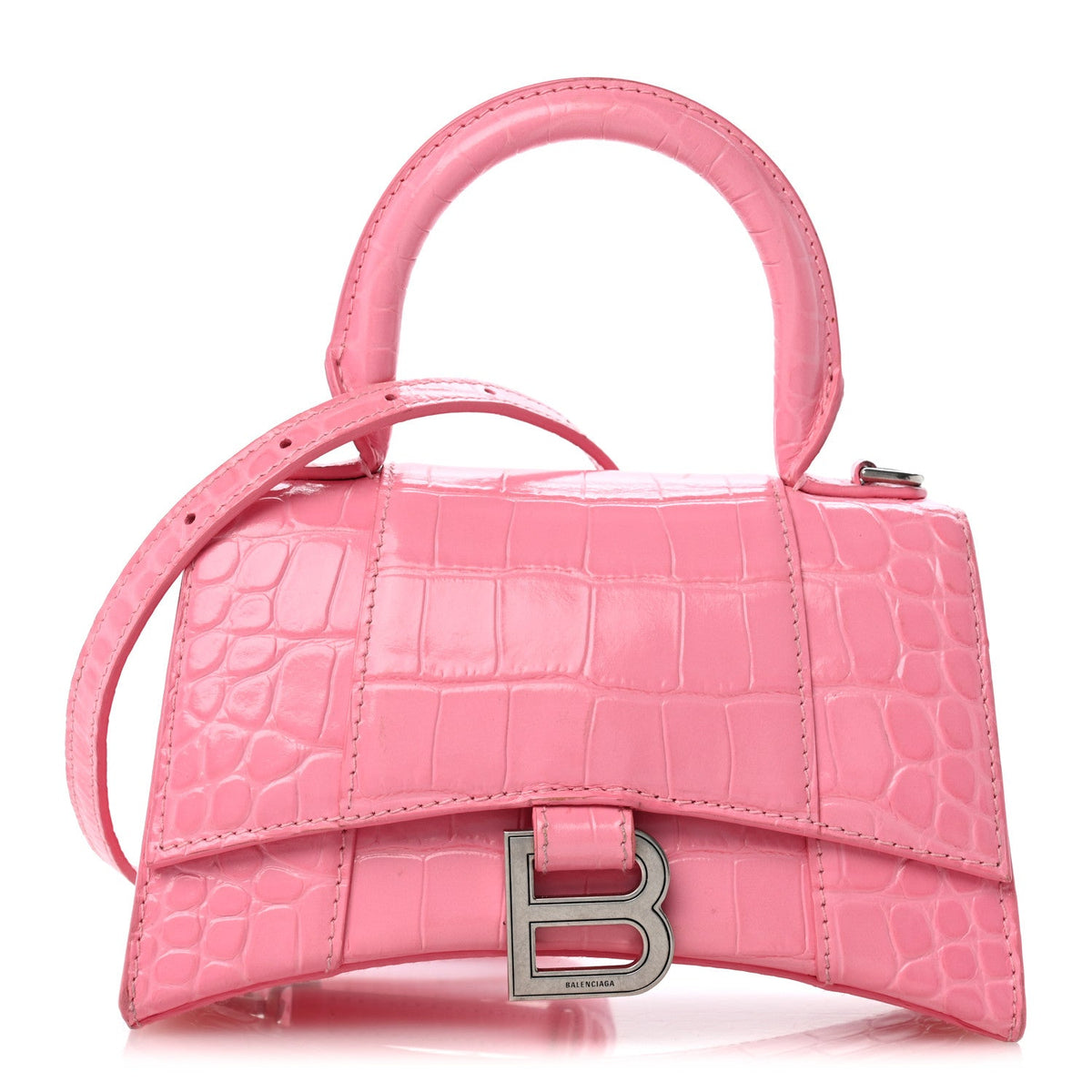 Shiny Calfskin Crocodile Embossed Hourglass Top Handle Bag XS Sweet Pink