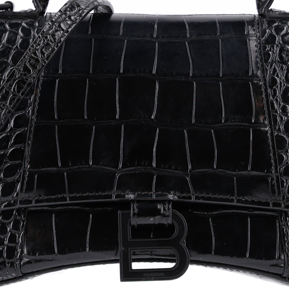 Shiny Calfskin Monochrome Crocodile Embossed Small Hourglass Top Handle Bag Black