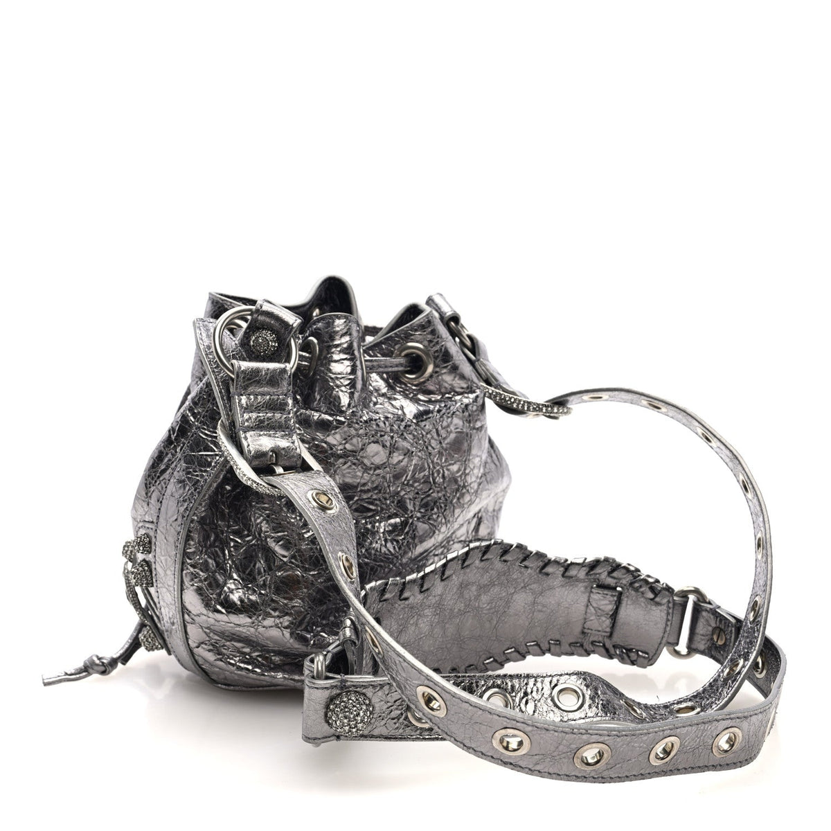 Metallic Agneau Arena Crystal Le Cagole Bucket Bag XS Silver