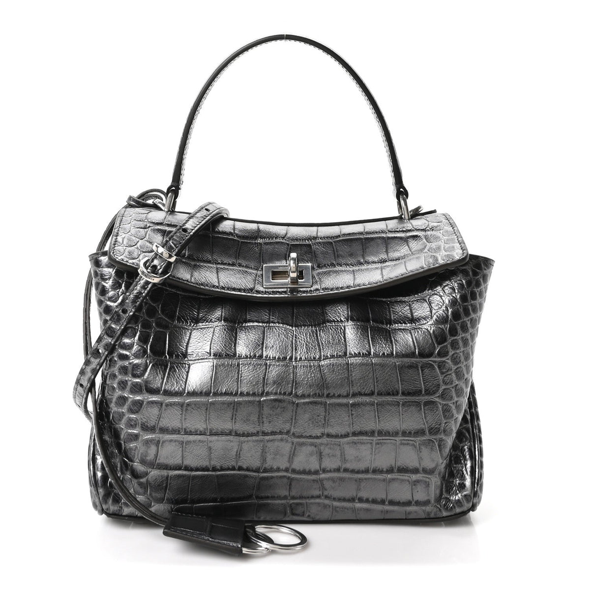 Metallized Calfskin Crocodile Embossed Mini Rodeo Top Handle Handbag Gunmetal