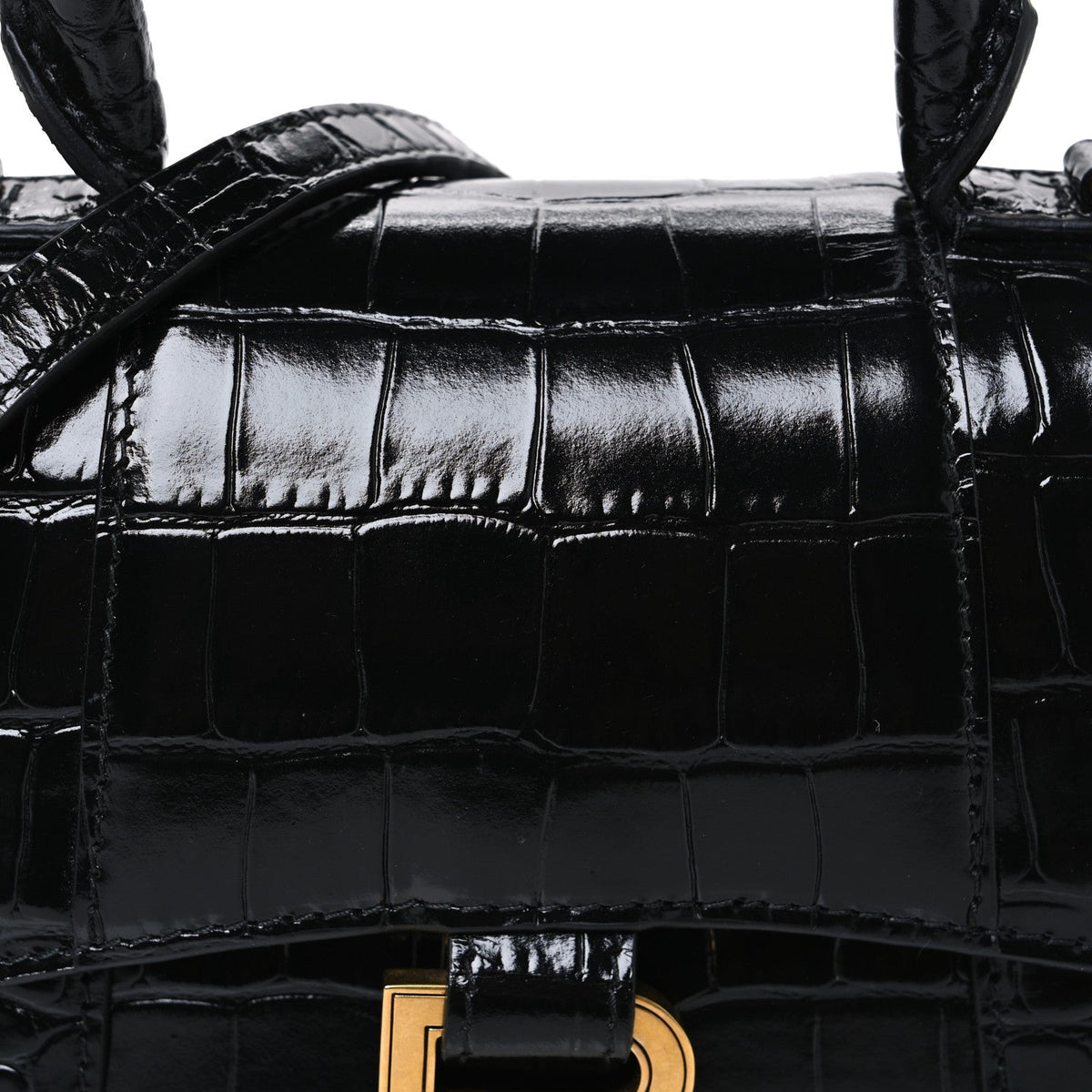 Shiny Calfskin Crocodile Embossed Hourglass Top Handle Bag XS Black